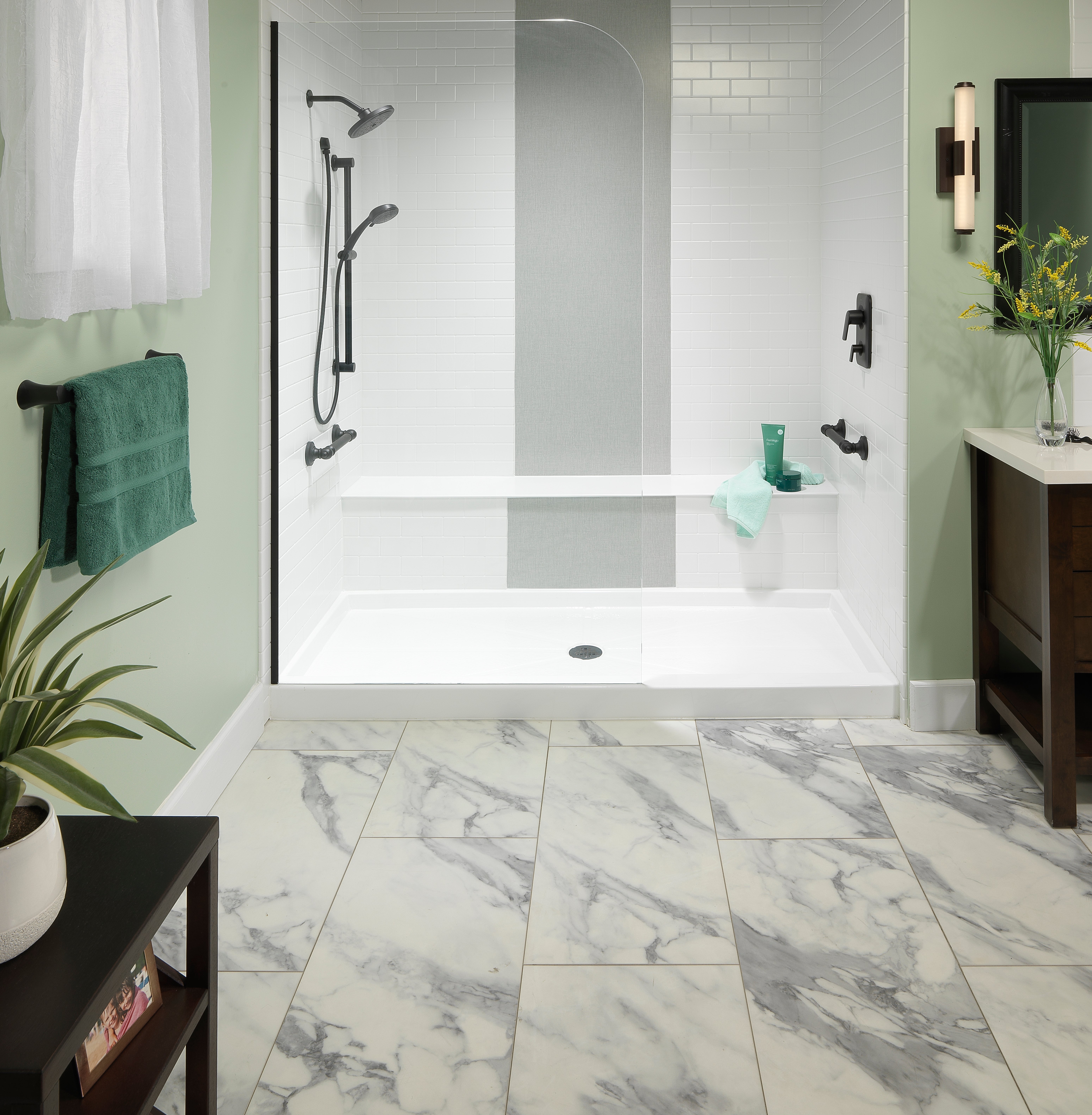Oversized modern shower with light acrylic wall system